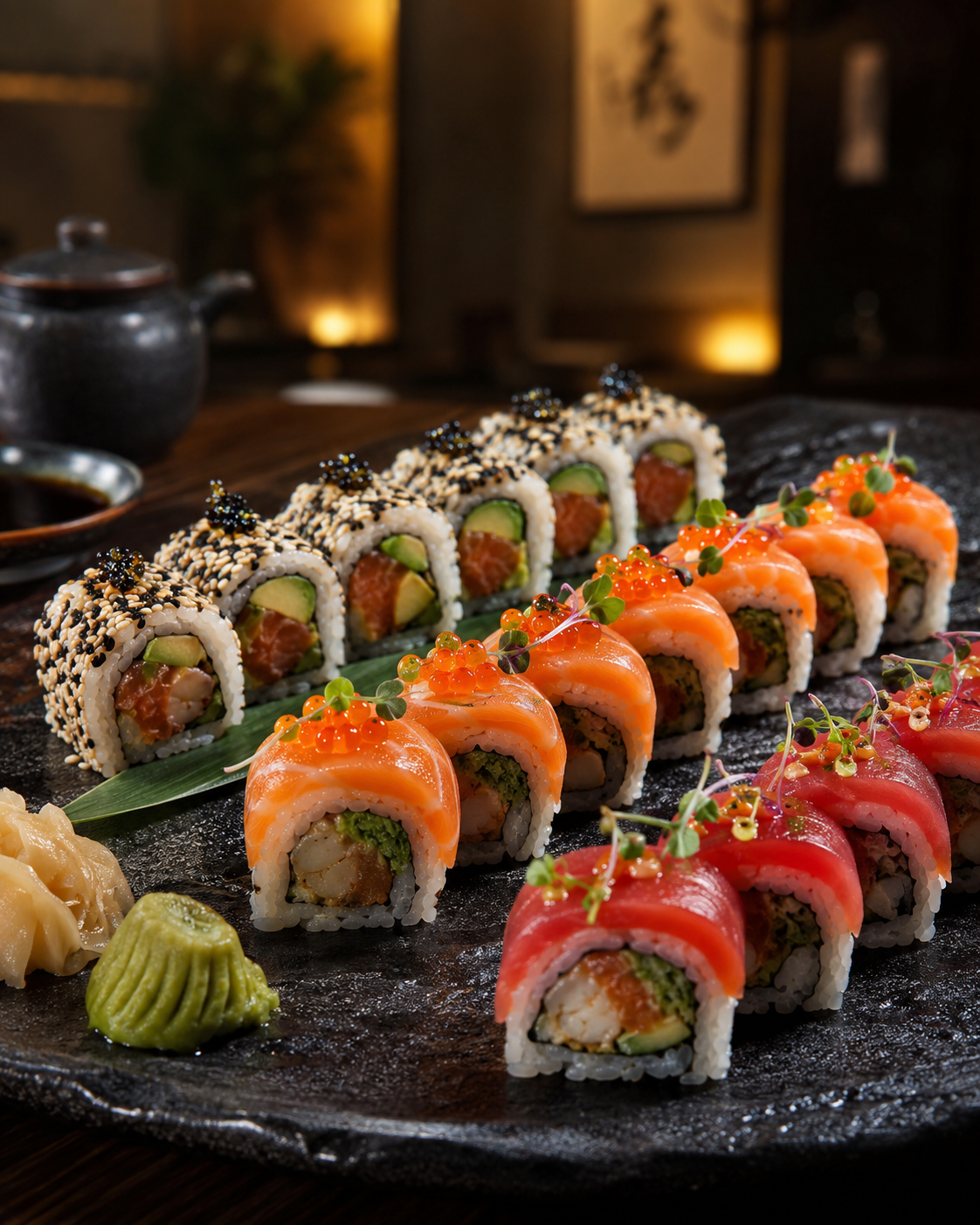 Rolls de salmón, atún e ikura de LUP Sushi
